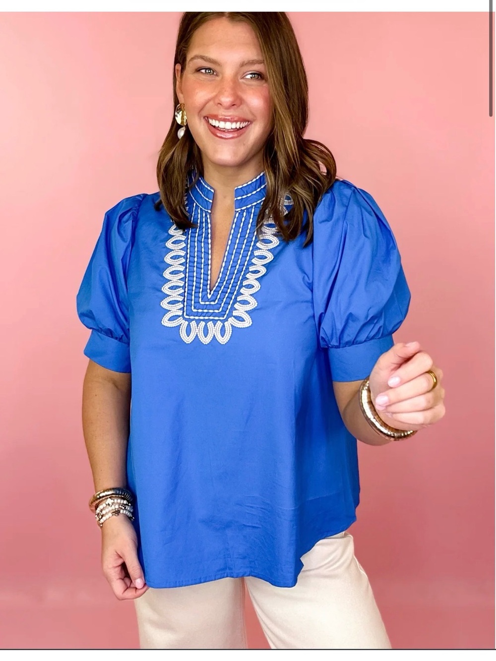 entro Royal Blue Embroidered Puff-Sleeve Top